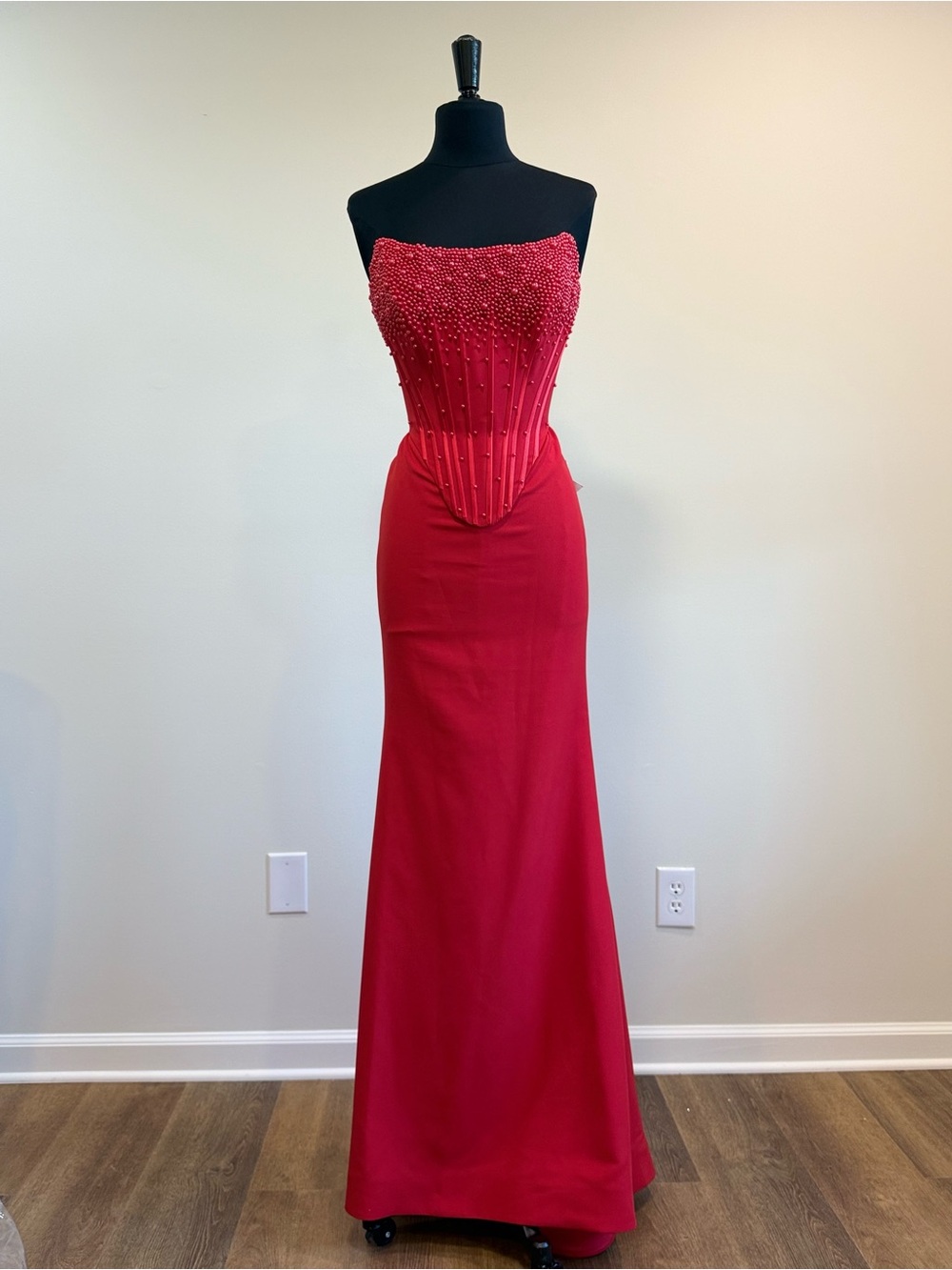 Portia and Scarlett Strapless Red Beaded Prom Gown